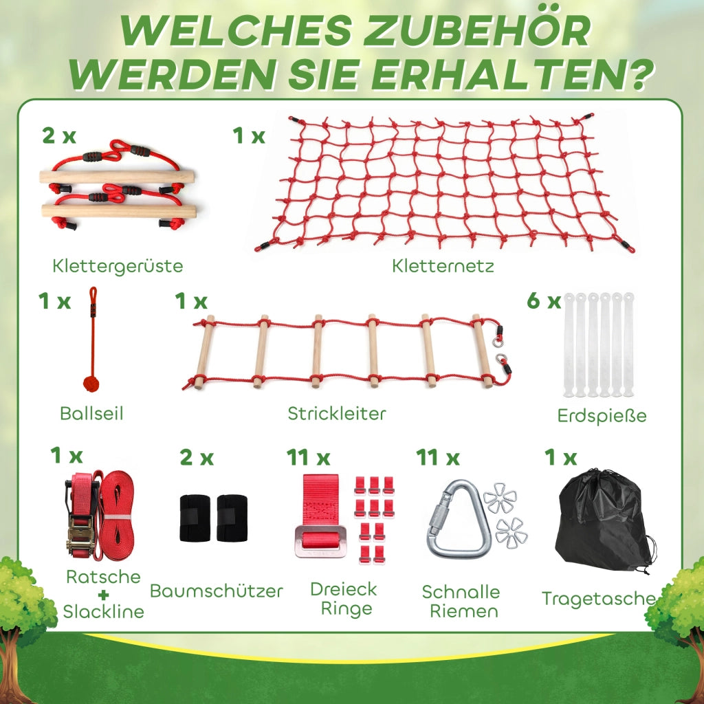 Set Slackline per bambini con anelli, altalena, scala e rete da arrampicata ¨C zephmum ¨C 100x30x18 cm Rosso