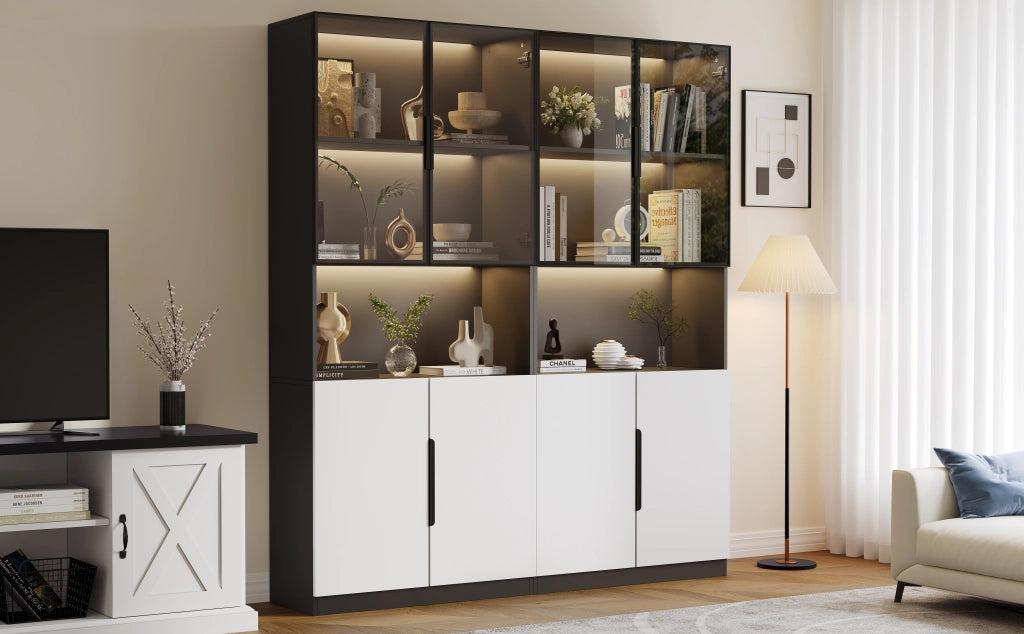 Vetrina moderna in bianco e nero con ante in vetro, LED regolabile, 160x30x200 cm