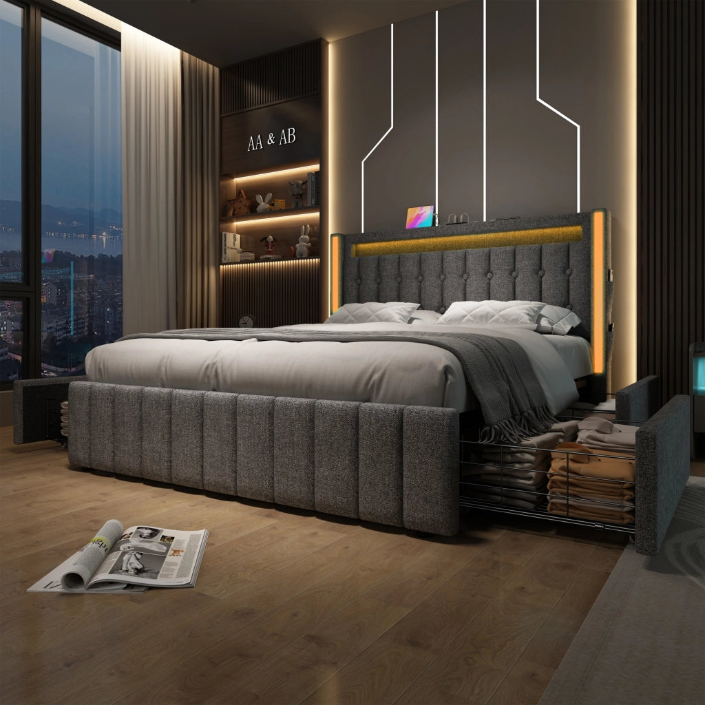 LETTO 140x200 cm Grigio in lino con funzione di ricarica e 4 cassetti
