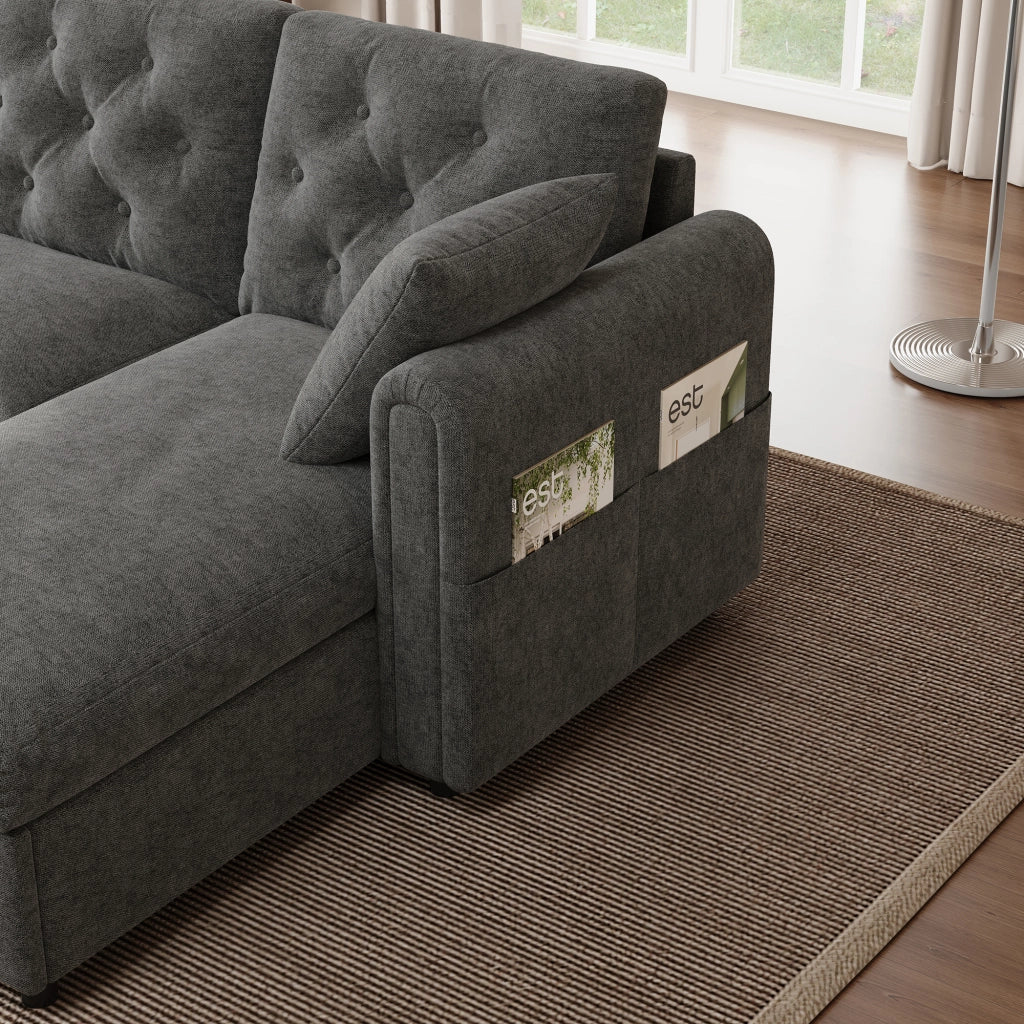 Divano angolare convertibile con vano contenitore e tasche laterali, in Velluto Grigio 281 × 132 × 86 cm