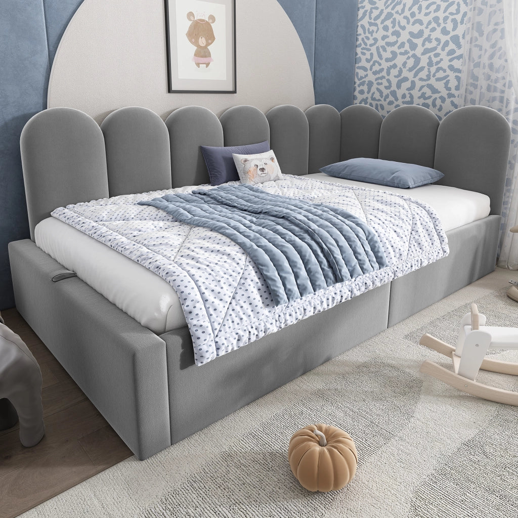 OKWISH Letto a Divano 90×190 cm, Letto Singolo con Vano Contenitore Idraulico, Sponde e Testiera, senza Materasso, in Velluto, Grigio