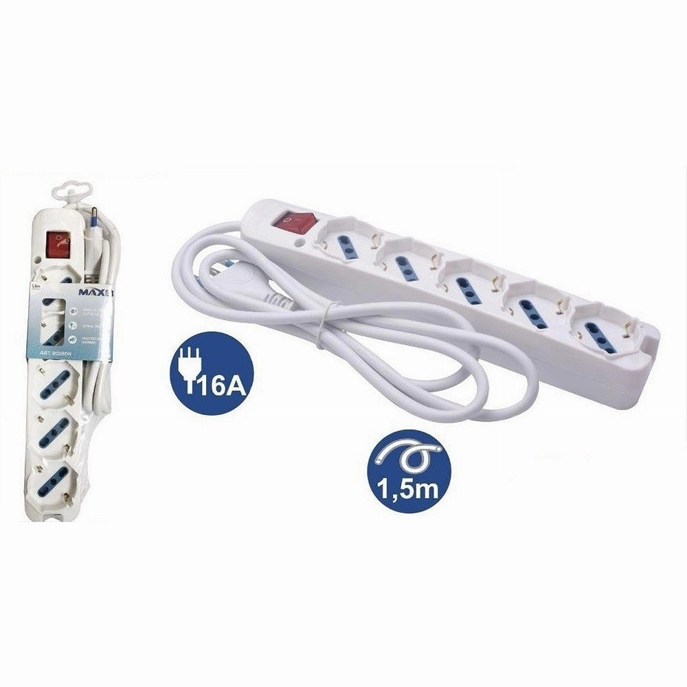 Trade Shop - Multipresa 5 Uscite Universali Spina 16a Cavo 1.5 Mt Interruttore Bianco 80180n -
