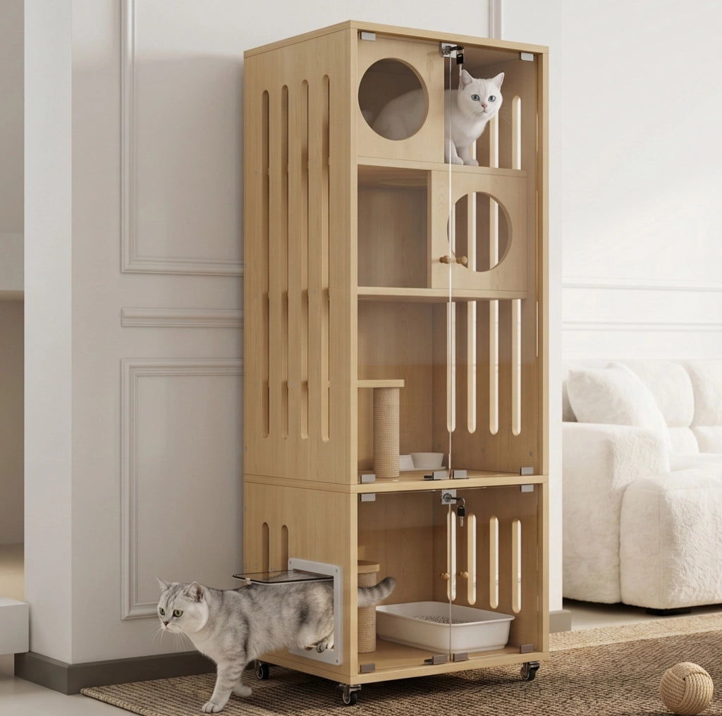 Casa per gatti multiuso in legno naturale con sportello in vetro e rotelle, 60x50x156 cm
