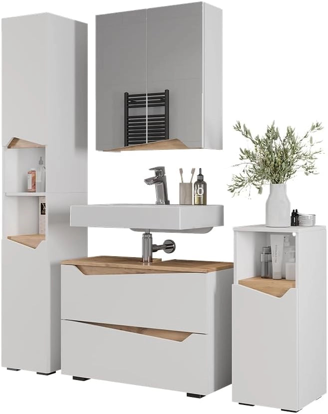 Set di mobili da bagno Marelle, Bianco, 80 cm, composto da mobile lavabo, pensile a specchio, colonna e base media