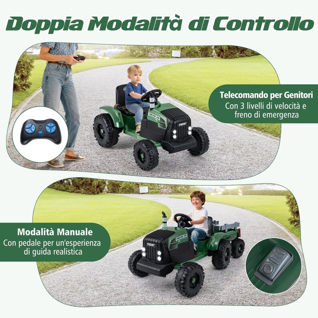 24V Trattore Elettrico per Bambini, Veicolo con Rimorchio Staccabile, Telecomando, Musica, Porta USB, Partenza Morbida, Fari LED, per Bambini 3-8 Anni (Verde)