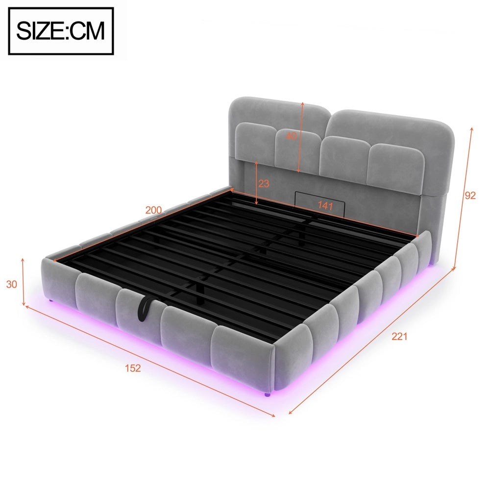 Letto imbottito 140x200 cm contenitore ¨C Minimal ¨C grigio velluto con led