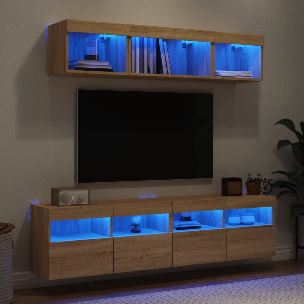 Mobili TV a Muro con LED 5 pz-Credenza per TV sospesa Rovere Sonoma Legno Multistrato