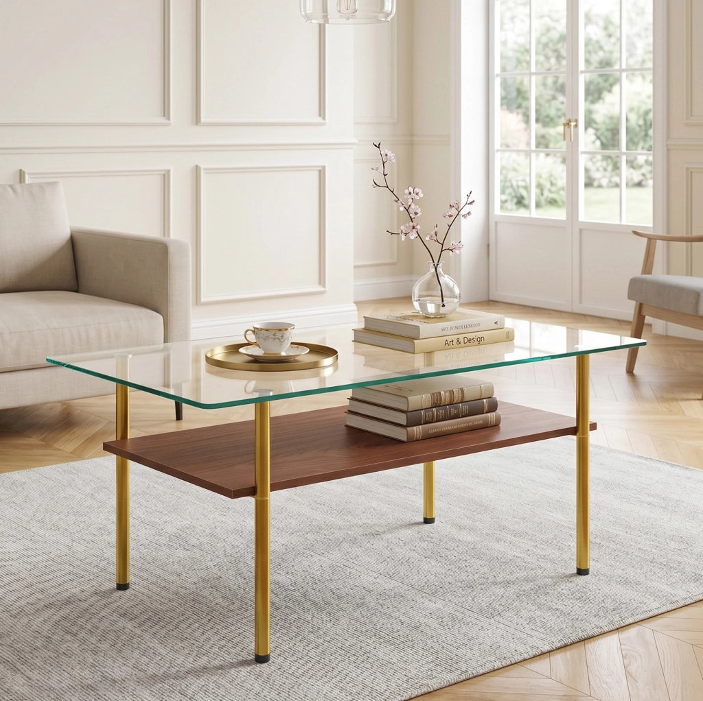 Tavolino da caffè 98x58x45 cm con piano in vetro e ripiano in MDF; struttura in metallo; marrone oro