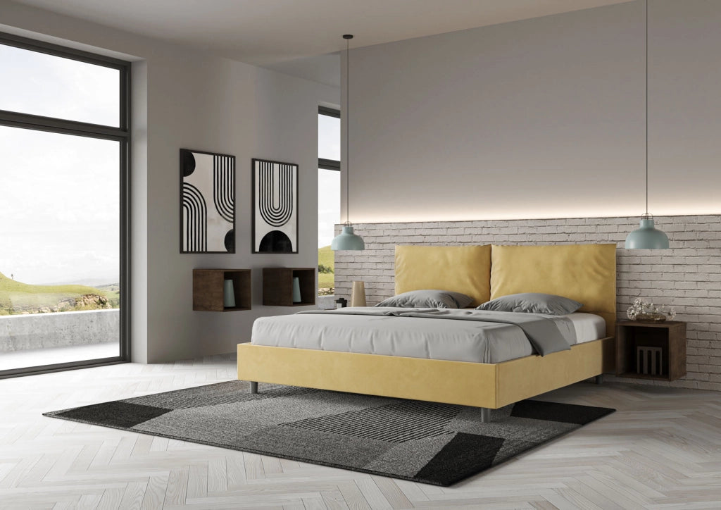 BS COM Letto matrimoniale king size senza rete imbottito 200x210 microfibra ocra