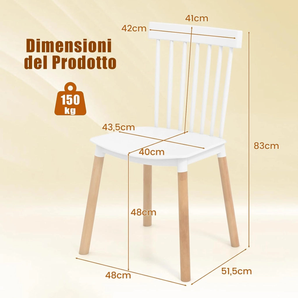 Set 4 Sedie da Pranzo Windsor 51,5 x 48 x 83 cm, Sedie da Cucina Moderno con Schienale a Spindle e Sedili Curvati, Gambe in Faggio e Punte Antiscivolo (Bianco)