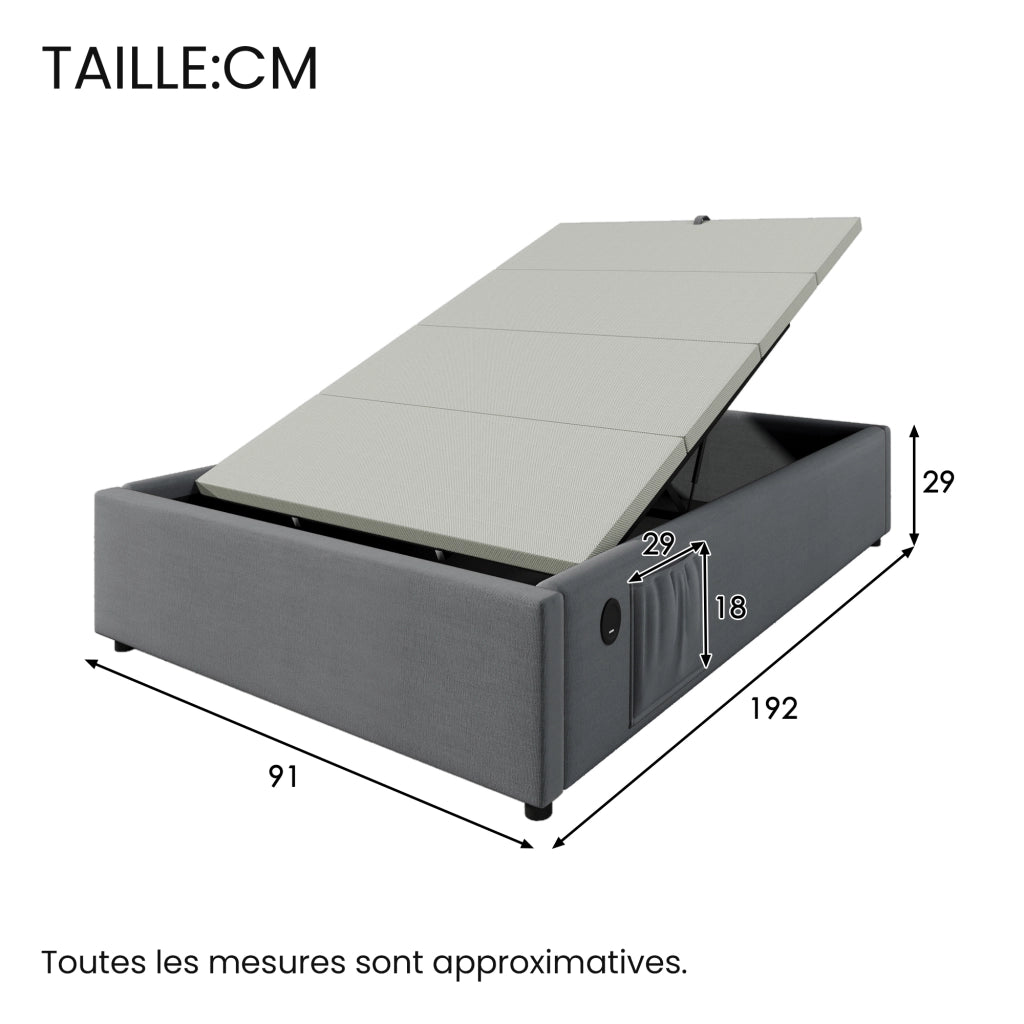Letto Contenitore Letto Singolo 90×190 cm con USB e Type-C; senza Materasso; in Cotone e Lino; Grigio
