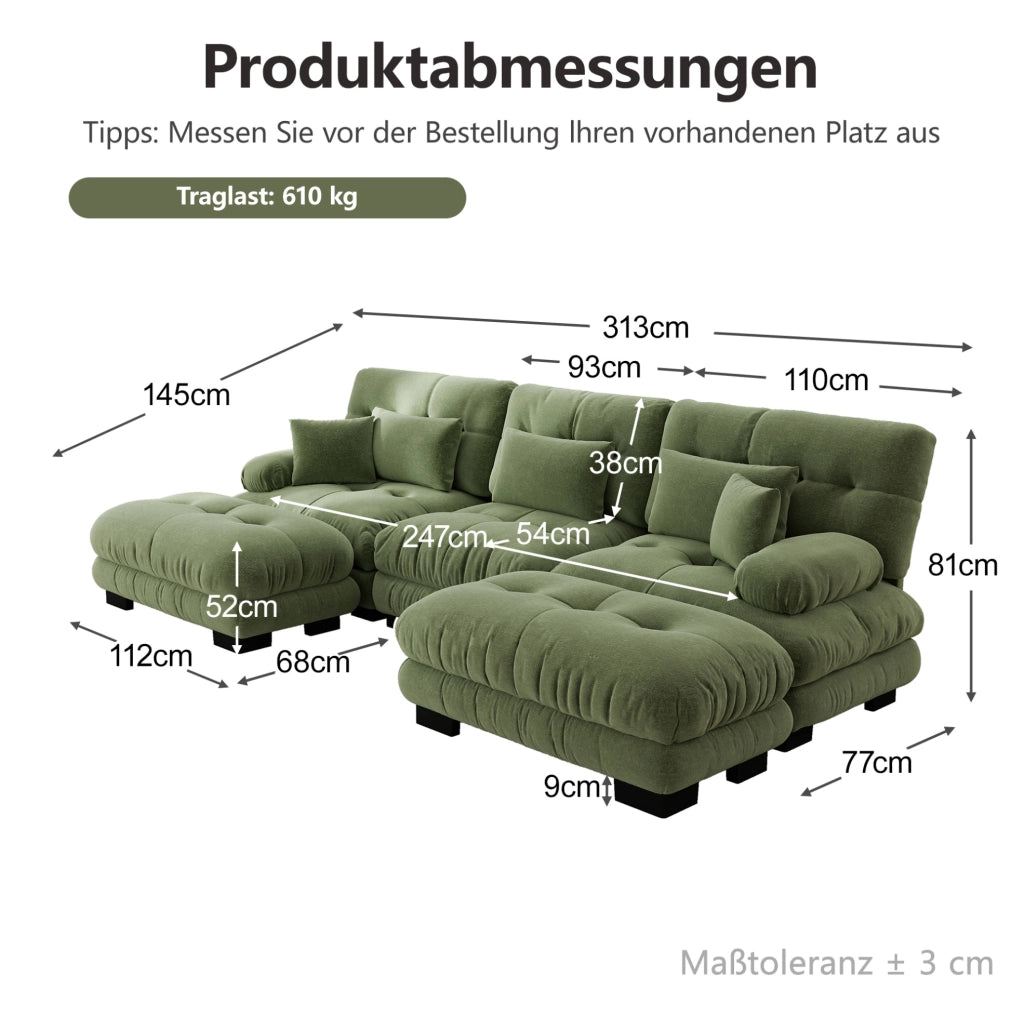 Divano modulare con ottomane mobili in ciniglia verde; 313 x 145 x 81 cm