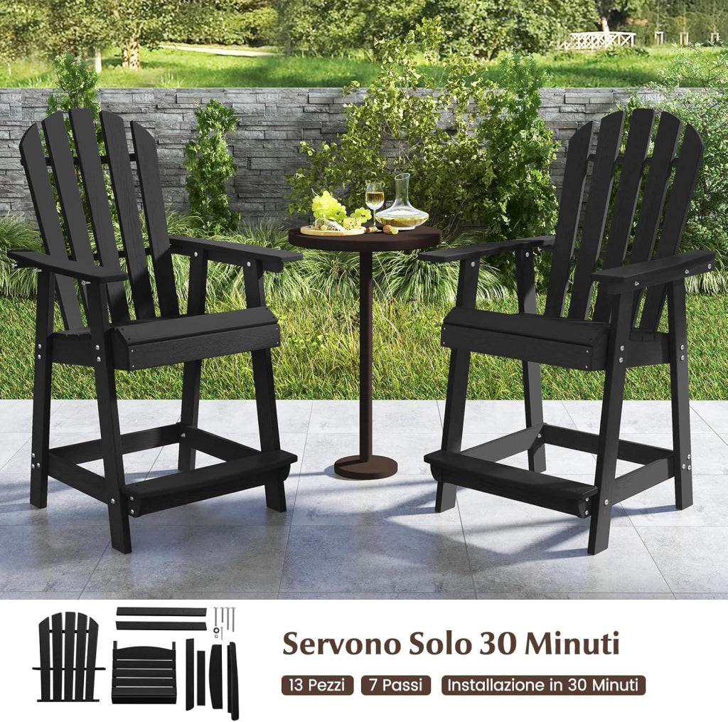 Sedia da Bar per Esterni, Sedia in HDPE con Braccioli, Sedia da Giardino con Poggiapiedi, Sedia con Schienale Alto per Giardino, Bordo Piscina, 70 x 85 x 119 cm (Nero)