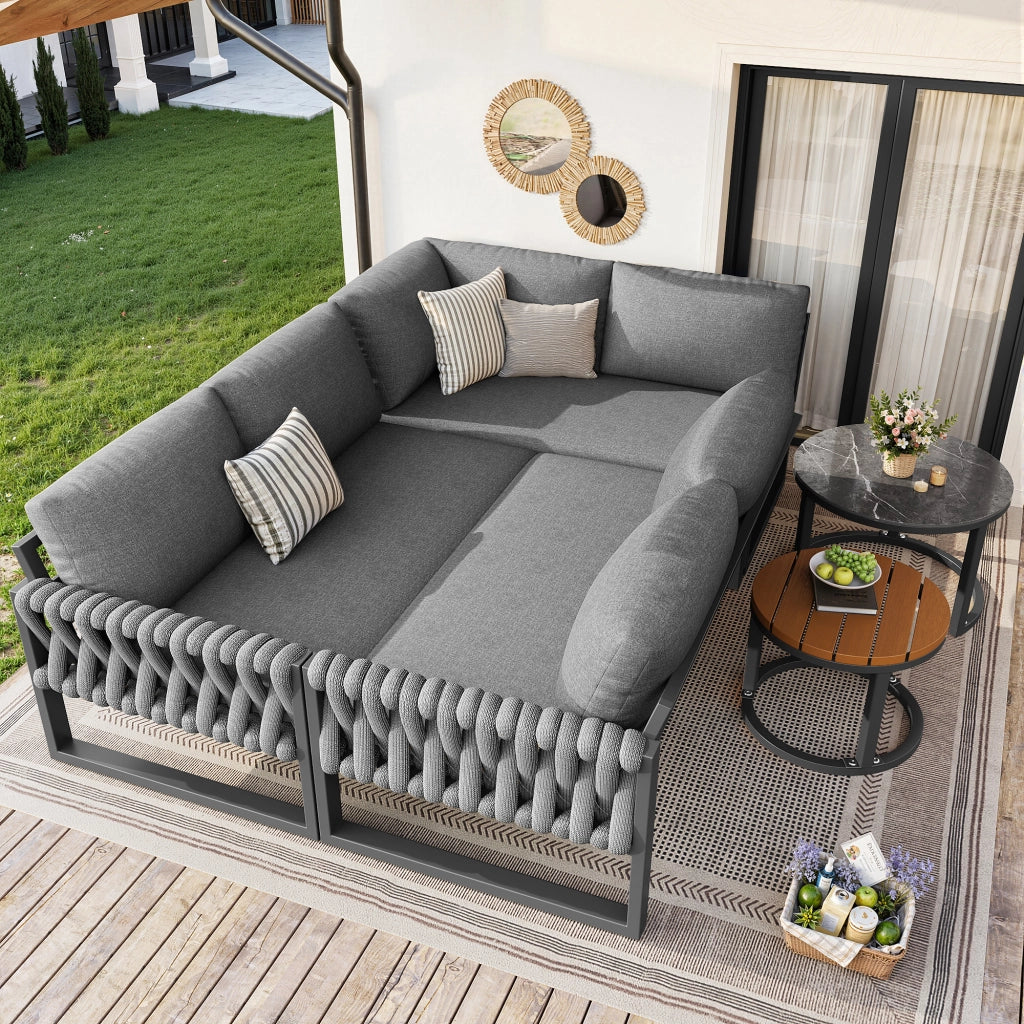OKWISH Set da 5 mobili da giardino con 2 divani singoli, 1 divano angolare e 2 tavoli, Olefin Grigio