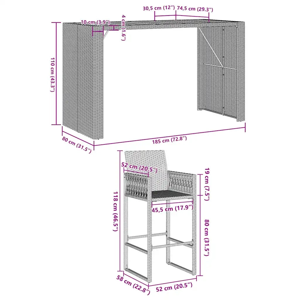 vidaXL Set Bar da Giardino 7pz senza Cuscini Grigio Polyrattan Acacia
