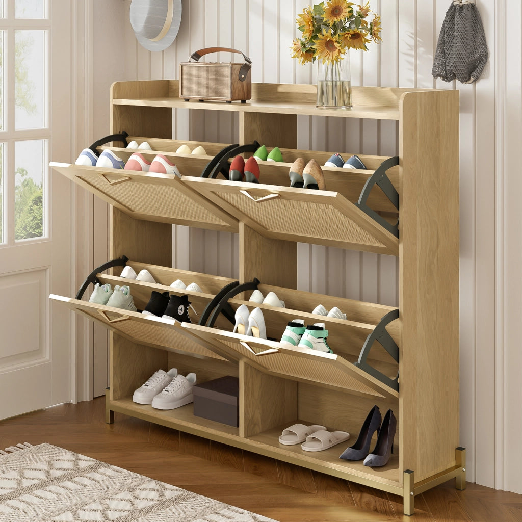 Scarpiera con 4 Ante e Ripiano Superiore; Salvaspazio; Stile Naturale; in MDF; 108;5×24×100 cm; Rovere Chiaro