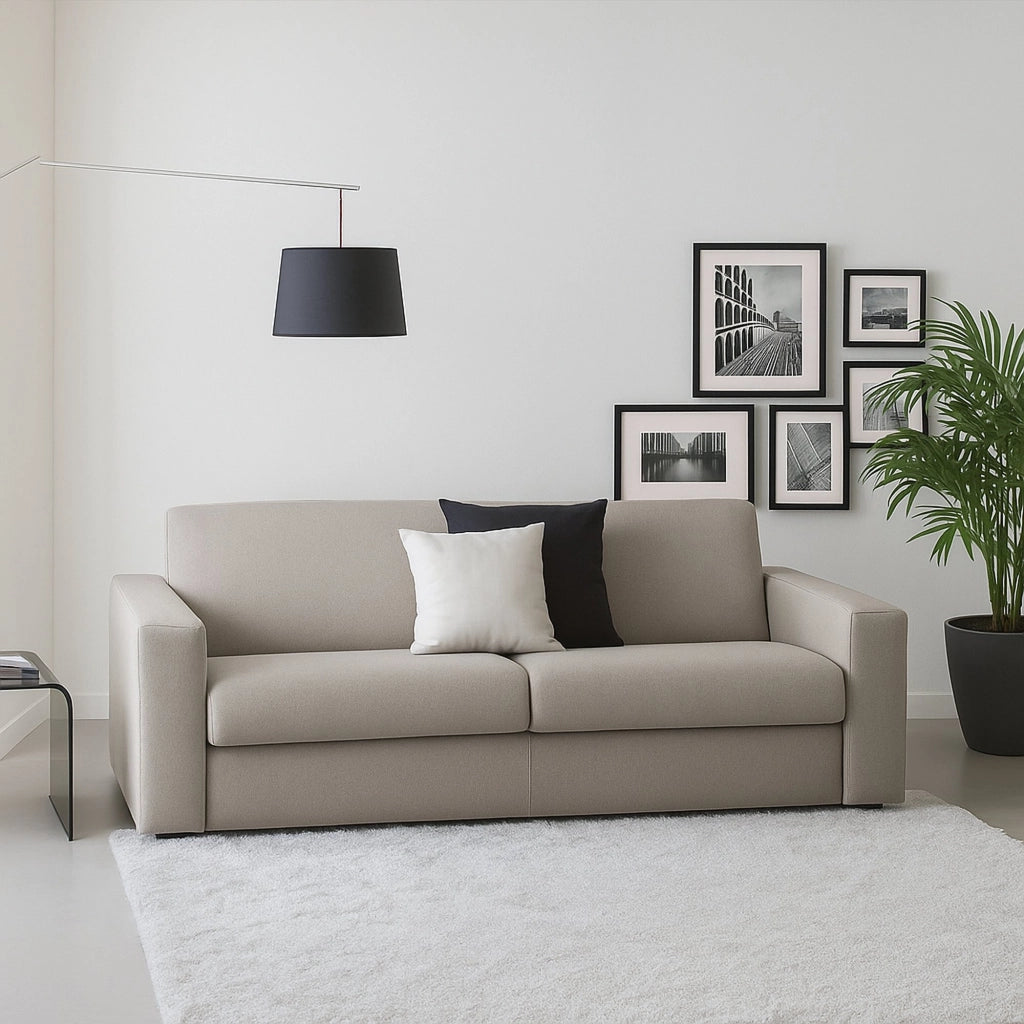 Divano fisso Azier, Divano a 2 posti Large, Made in Italy, SofÒ  Soggiorno in tessuto imbottito, con Braccioli standard, cm 200x95h90, Tortora