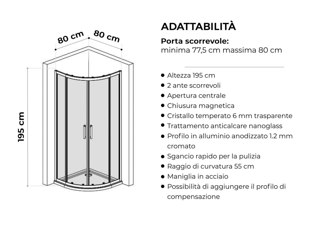 Box doccia 80x80 cm semicircolare angolare H195 cm ELIA Cromato
