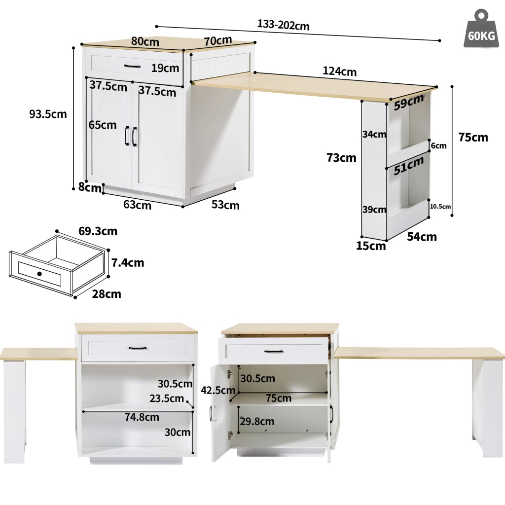 Tavolo estensibile con 1 cassetto; 2 vani chiusi; 2 nicchie aperte e ruote; per cucina e soggiorno; 133 × 70 × 93;5 cm