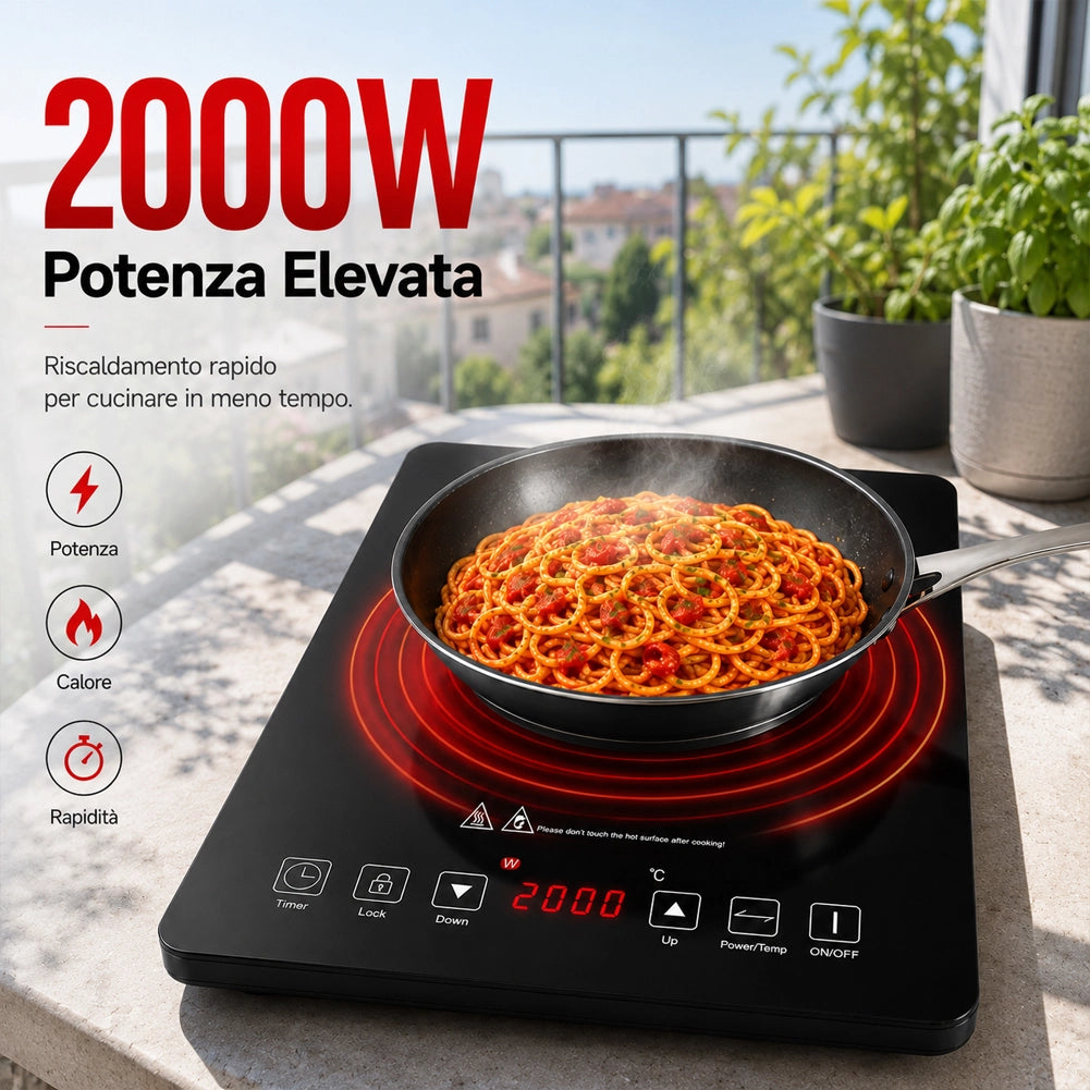 Piastra Fornello Elettrico a Induzione 1 Fuoco per Cucina Cottura Omogenea 2000W