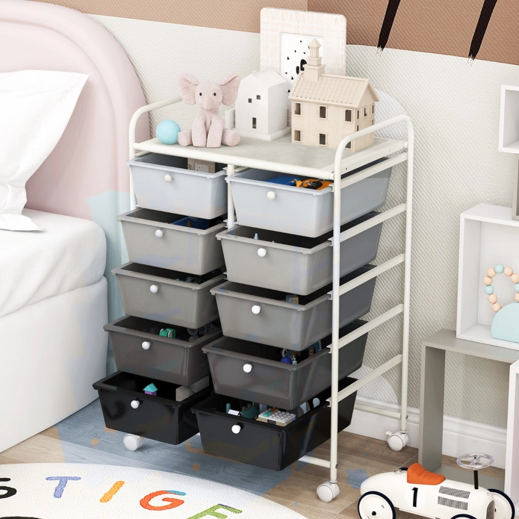Carrello a 10 cassetti multiuso con ruote-Scaffale Organizzatore per carta da scrapbooking e utensili da ufficio Bianco e grigio