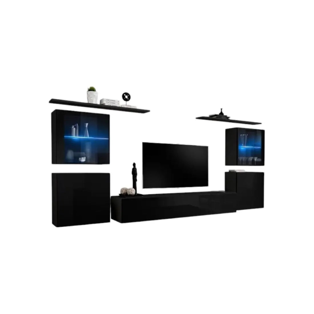 Set mobile da parete per soggiorno SWITCH XIV design, colore nero lucido.