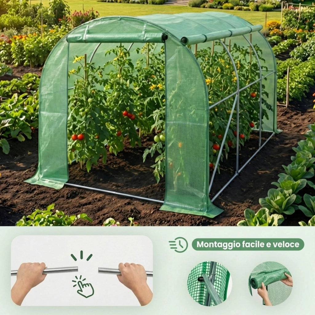 Serra da giardino a tunnel con struttura in metallo e telo in PE con pareti arrotolabili 1 porta 6 finestre Verde 200x300x200 cm