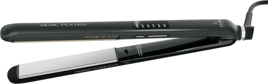 GA.MA Piastra Led Dual Plates 4D: per look ricci e lisci, tecnologio agli ioni e ozono, doppia trafile larghe e basculanti, 1 trafila in titanio e 1 ceramica con olio d'argan, anti effetto crespo, temperatura regolabile da 130 a 230°C, autospegnimento