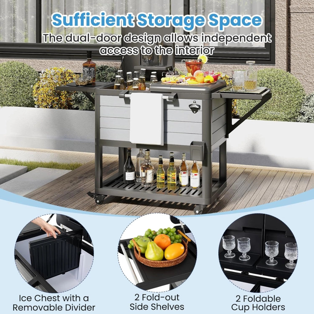 Cassettiera per rotelle, 91 l, bar, per esterni, mobile, 83 x 50 x 85 cm, con separatore rimovibile, 2 ripiani laterali pieghevoli, 4 ruote universali, per giardino, terrazza, piscina