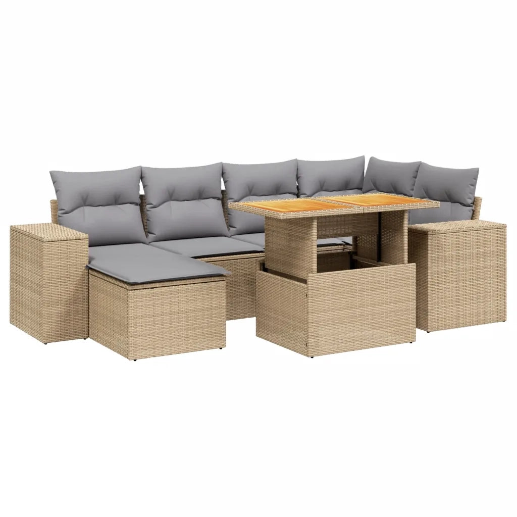 Set Divani da Giardino 7 pz con Cuscini Beige in Polyrattan