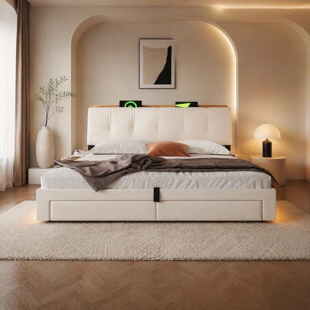Letto matrimoniale imbottito 180x200 cm in lino beige con contenitore; USB e LED