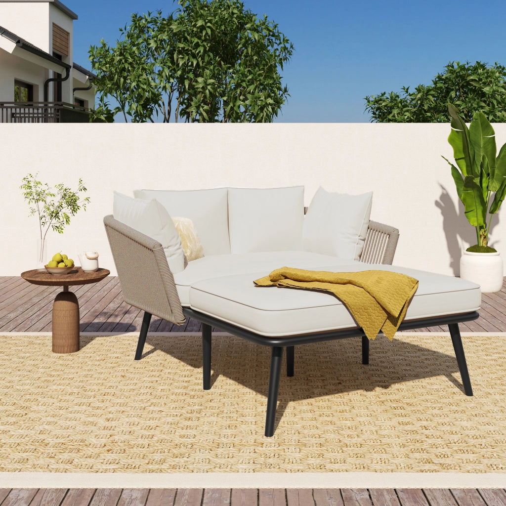 Chaise longue da giardino con cuscino spesso e braccioli intrecciati in corda, acciaio zincato, khaki sfoderabile