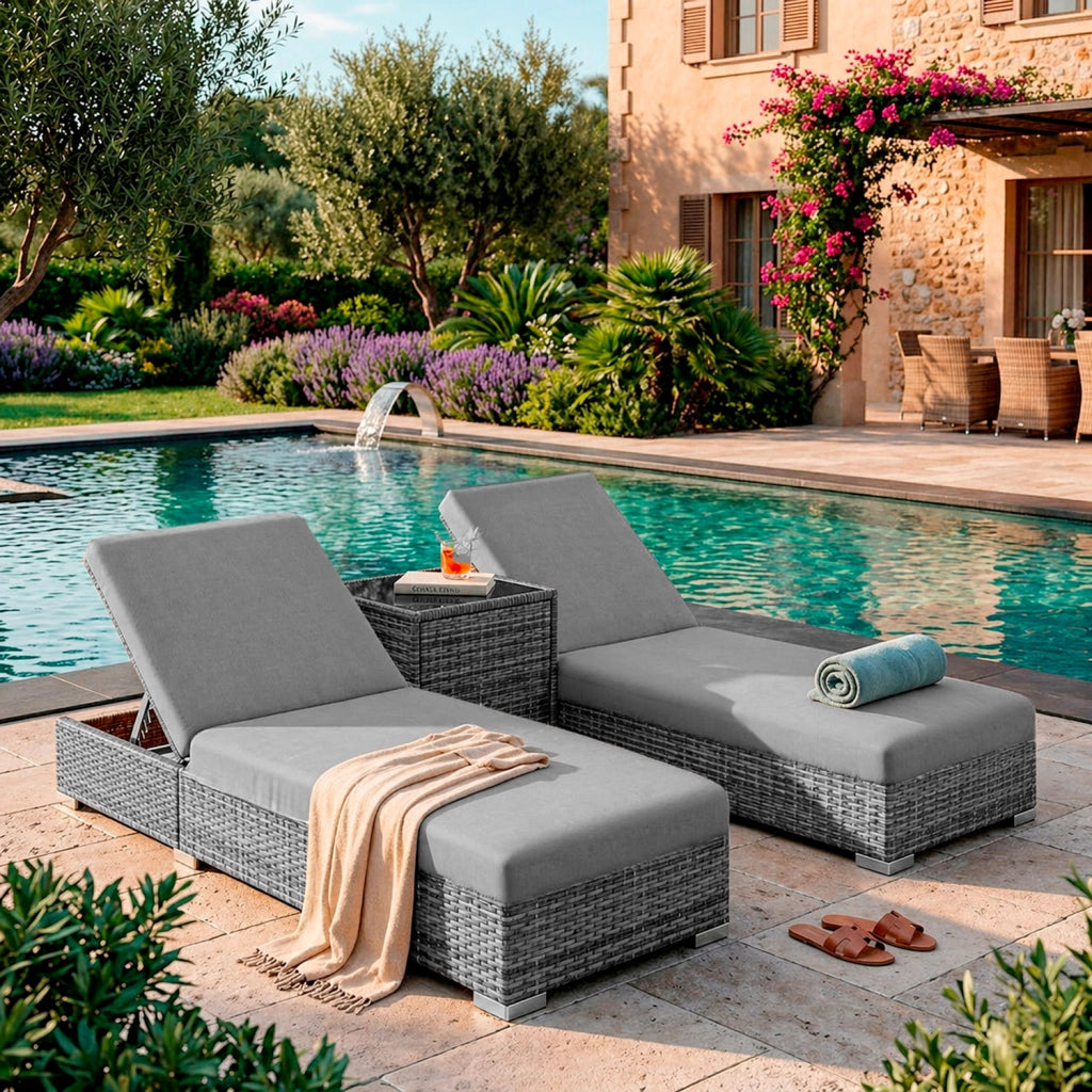 Set 2 Lettini Prendisole In Polyrattan Con Tavolino Contenitore E Cuscini Schienale Regolabile 5 Posizioni Sdraio Da Giardino Terrazzo Piscina Relax Arredo Esterno 184 x 60 x 21 Cm Grigio