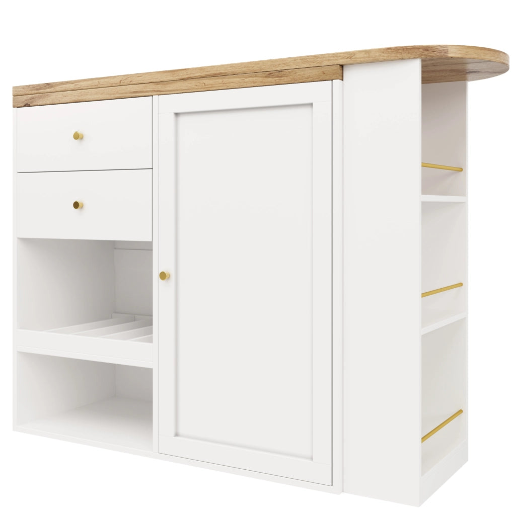 Mobile girevole in MDF bianco con ripiani laterali rotanti e cassetti