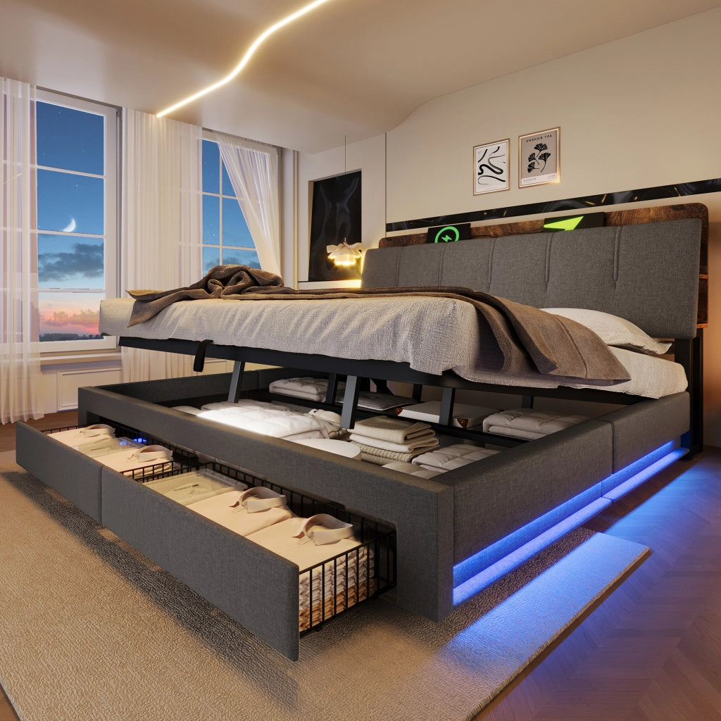 DESMIU Lit con contenitore 180 × 200 cm 2 posti con USB, Type-C, LED e vano idraulico, senza materasso, grigio