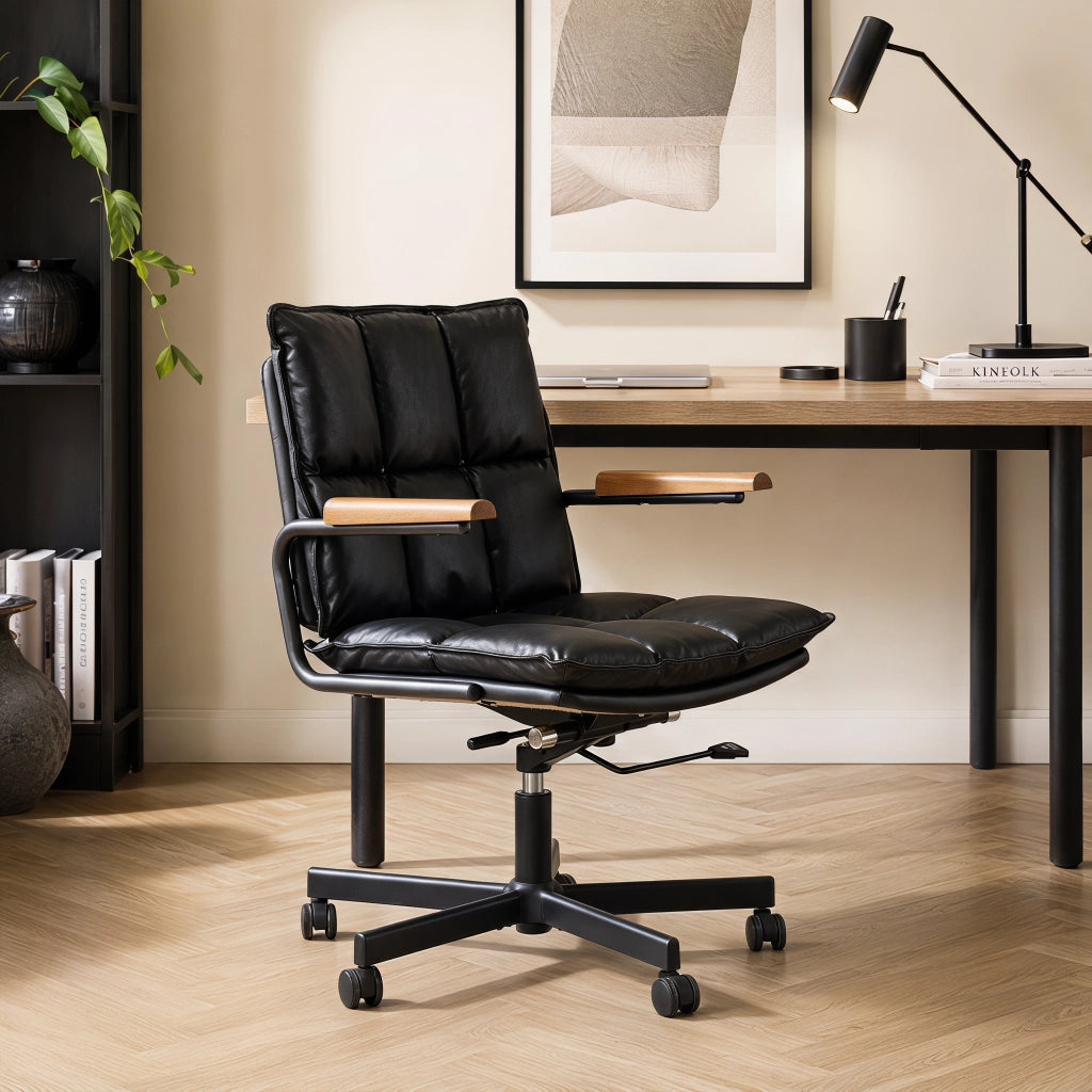 SEDIA UFFICIO Girevole 360° Nero in Pelle e Metallo con Braccioli in Legno
