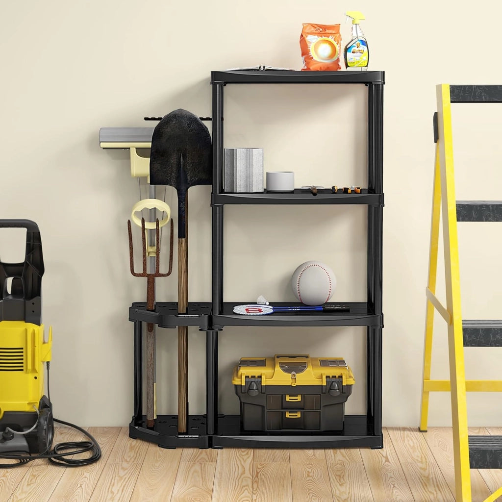 Scaffale a 4 livelli, con organizer per utensili, portaoggetti aperto, supporto con 12 fori, per utensili a manico lungo, nero