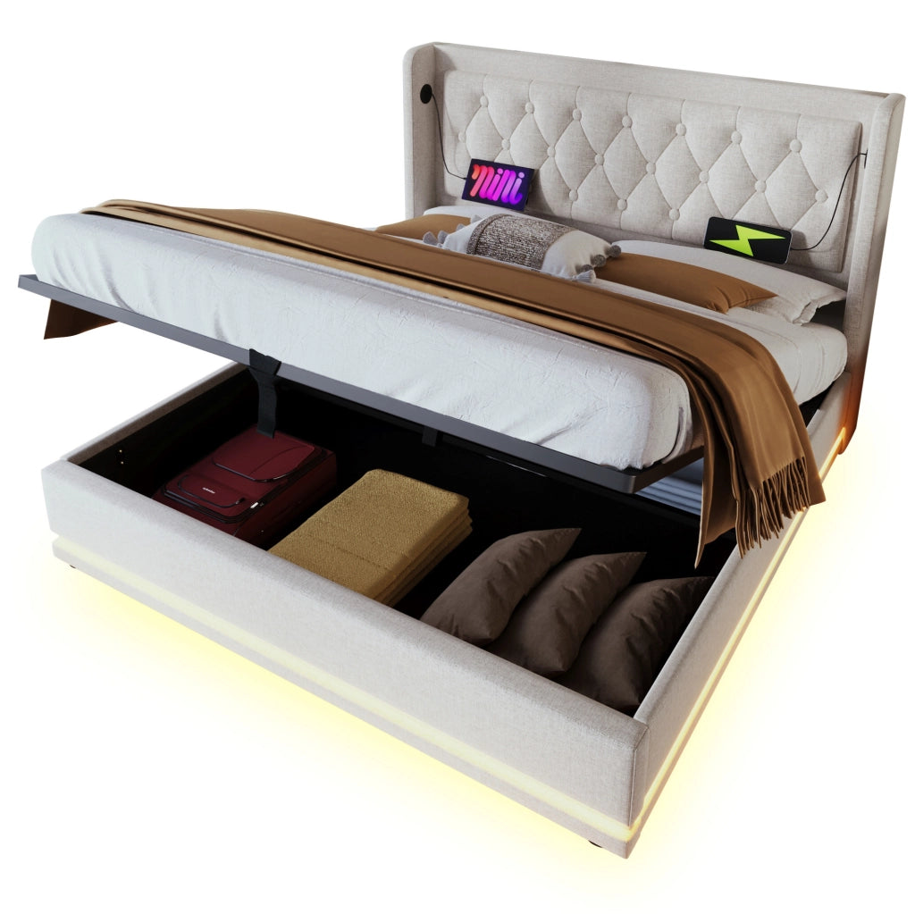 Letto matrimoniale 180x200 cm con contenitore; testiera trapuntata beige in cotone; USB e LED