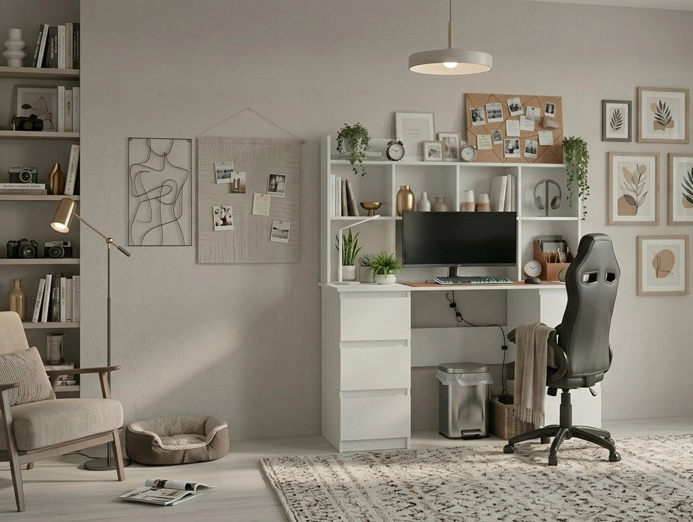 Scrivania KUBA con alzata bianco + poltrona DRIFT nero set 6 cassetti per ufficio e studio