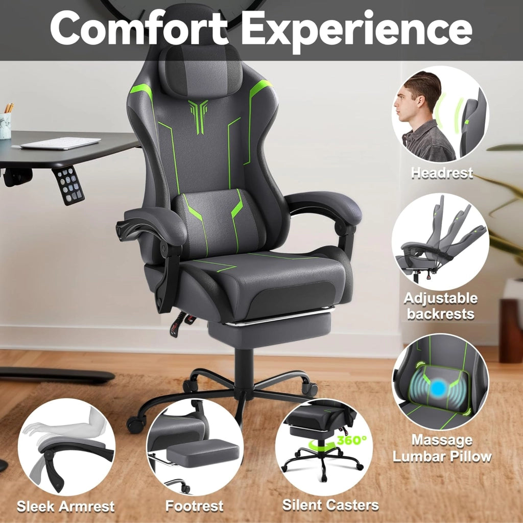 Sedia da gaming, massaggiante, colore grigio, per gaming, con poggiapiedi, poggiatesta e massaggi, ergonomica, regolabile in altezza, per sala giochi, ufficio