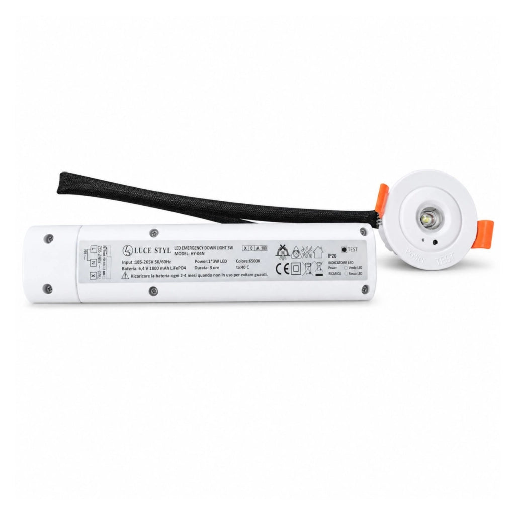 Mini Faretto Led Emergenza da Incasso 3W 250lm 3 Ore D60X37mm Foro 42mm, Bianco 6500K, Modalità SA/SE, Batteria LiFePO4 6,4 V 1800mAh