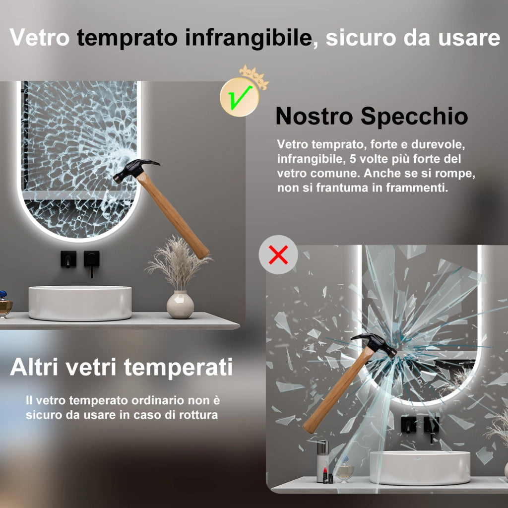 AICA Specchio da bagno 50 x 90 cm, dimmerabile，interruttore touch， Funzione Memoria, antiappannamento