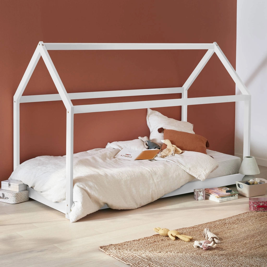 Letto a capanna per bambini in pino, compresa la rete a doghe, bianco