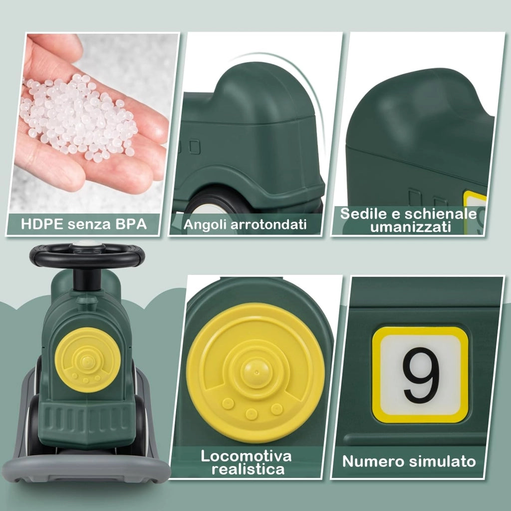 3 in 1 Cavallo a Dondolo per Bambini, con Macchinina Scivolante e Tavola Equilibrio Staccabile, Gioco a Dondolo Stile Treno per Bambini 18-72 Mesi (Stile 2 Verde)