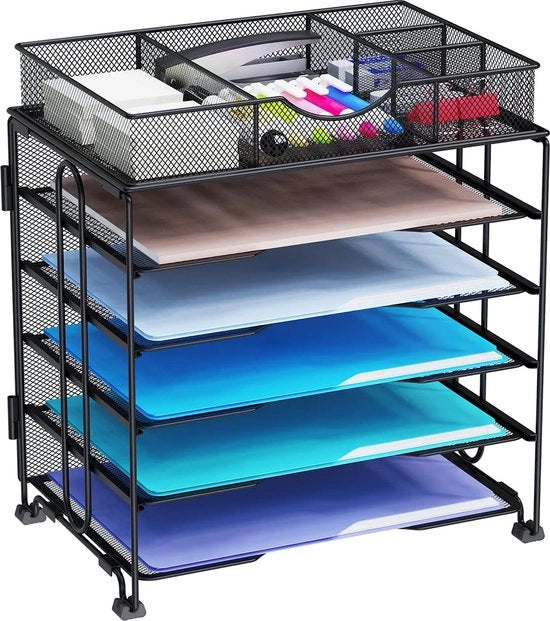 Bacetto metallico, ripiegabile, 5 contenitori di archiviazione, con cassetto, contenitore per documenti, cartelle, mappe, lettere, carta