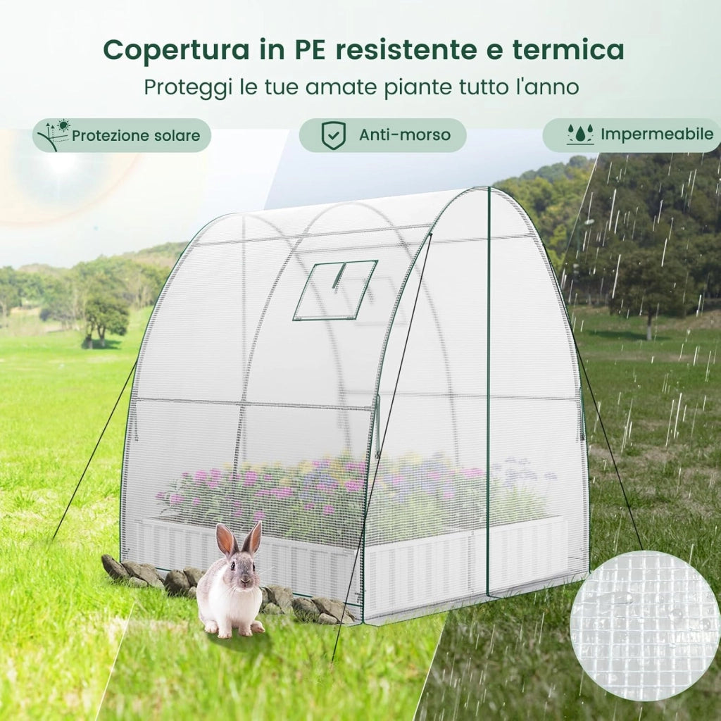 Serra da Giardino 181 x 181 x 200 CM, Serra a Tunnel da Esterno con 2 Porte con Zip, 2 Finestre, Copertura in PE Impermeabile e Tasche Laterali, Serra Invernale per Giardino (Bianco)