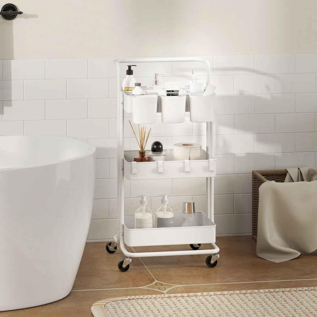 Carrello da Cucina Multiuso a 3 Livelli con Cestini e Ganci Rimovibili Ripiano con 12 Divisori in Acciaio e ABS Bianco
