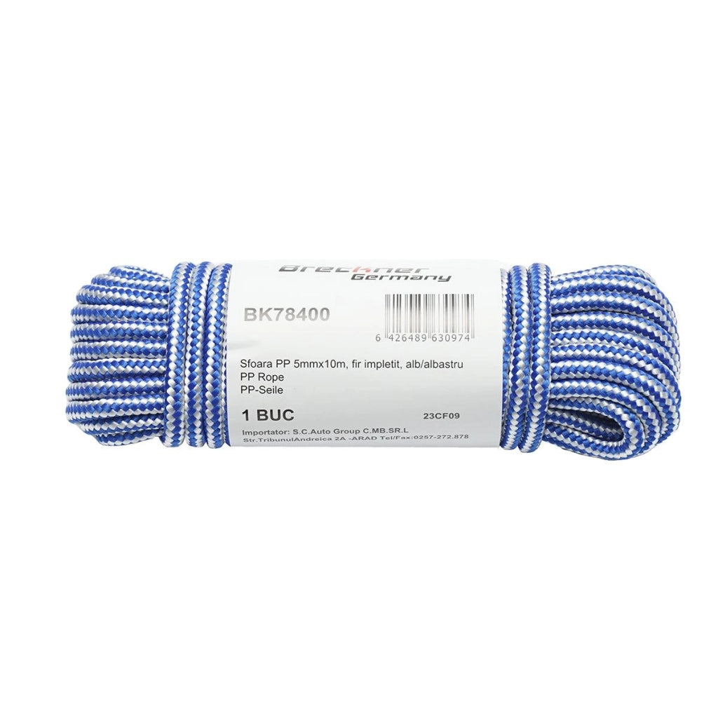 Corda PP intrecciata 5 mm x 10 m, bianca/blu, Corda multiuso in polipropilene Breckner Germany