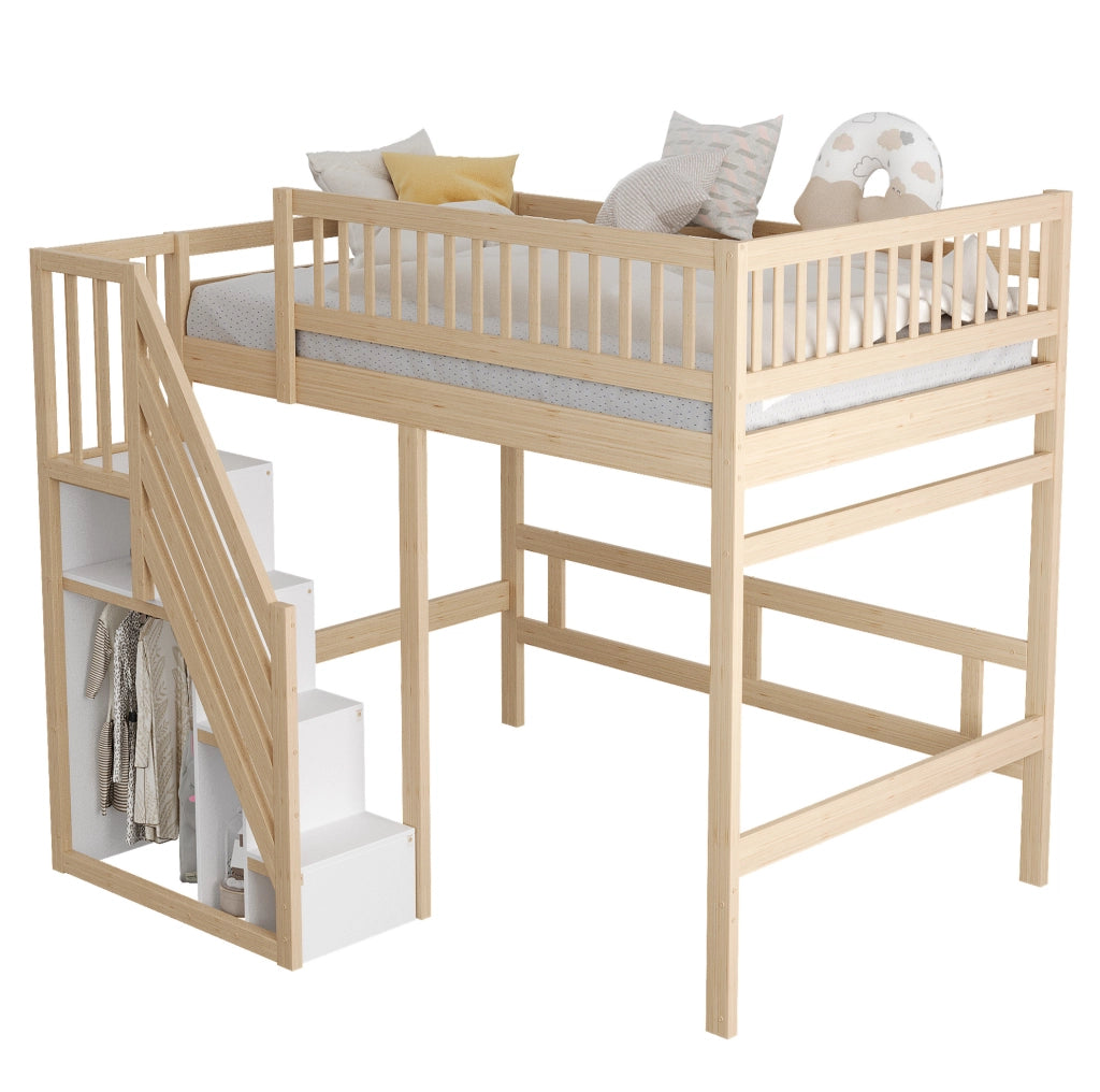 Letto singolo rialzato 140x200 cm in legno naturale con scala contenitore e sponda alta