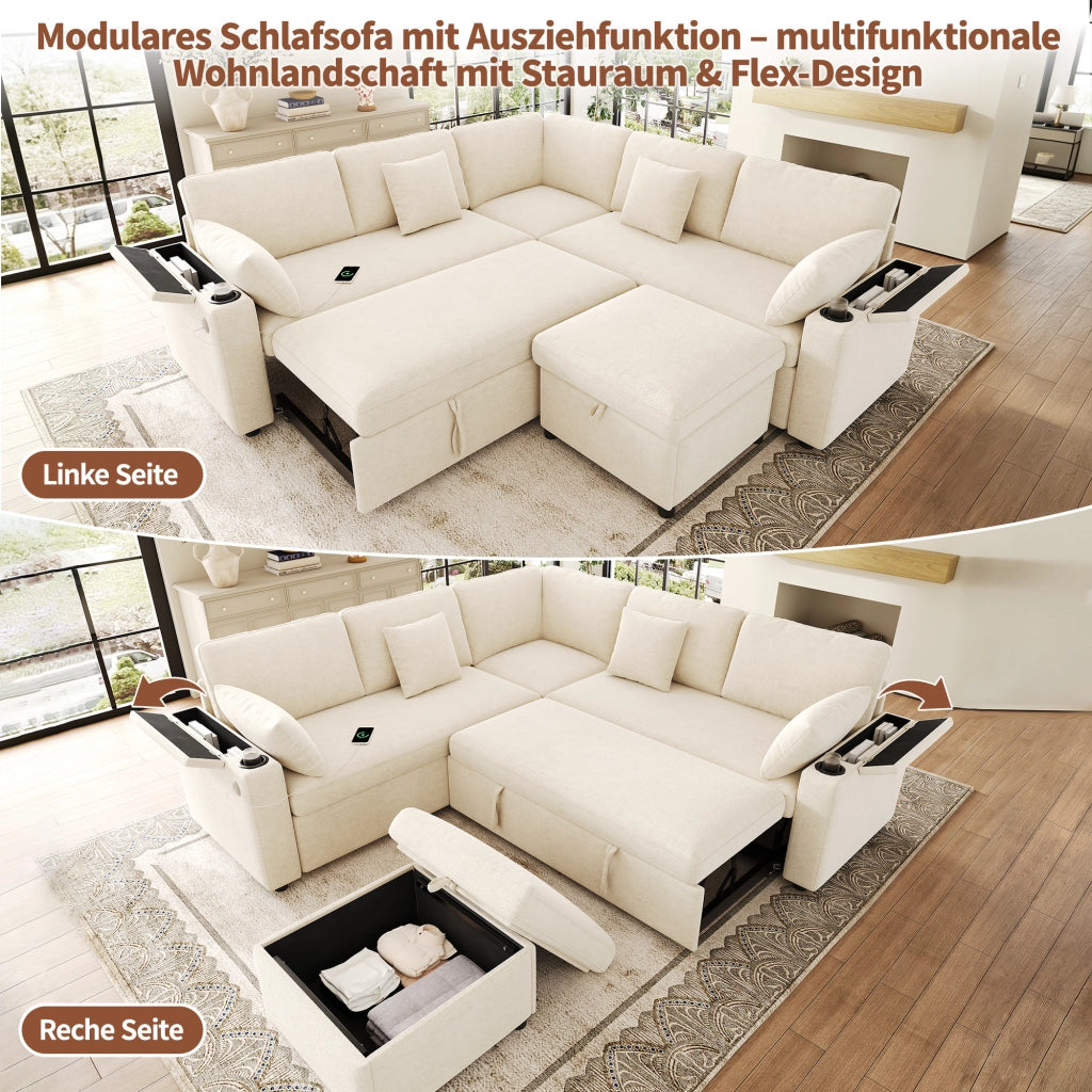 DIVANO ANGOLARE MODULARE LETTO 204x204x83 cm Chenille Beige con Hocker